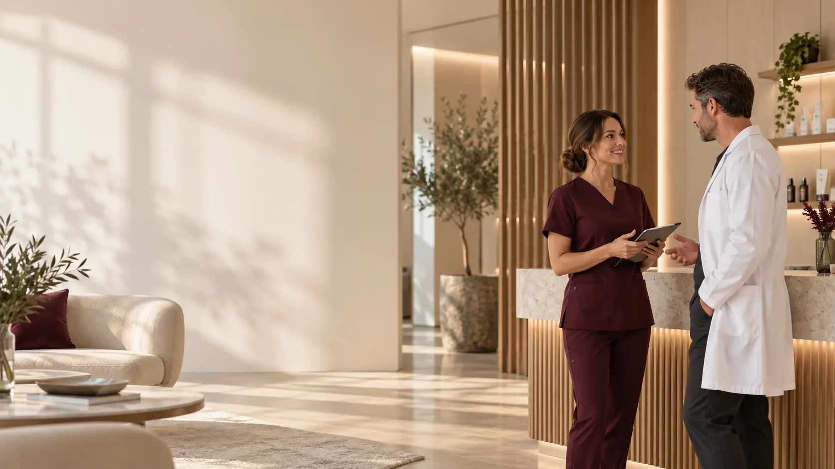 Healthcare professionals talking in a contemporary practice