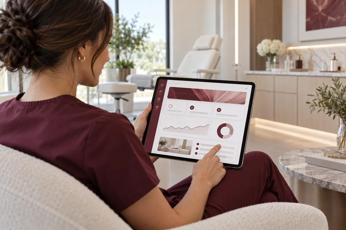 Representative in scrubs viewing a member dashboard on a tablet